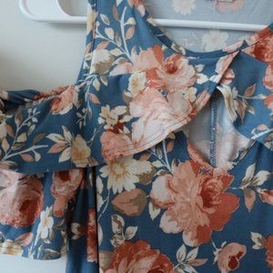 Francesca's Blue and Floral Cut out Shoulder Dress